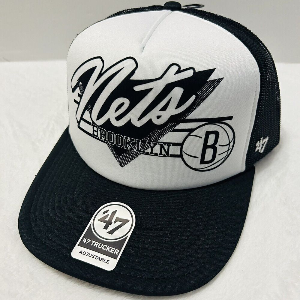 '47 Brand Brooklyn Nets Hang Out Trucker Hat Cap Adjustable Black White Foam